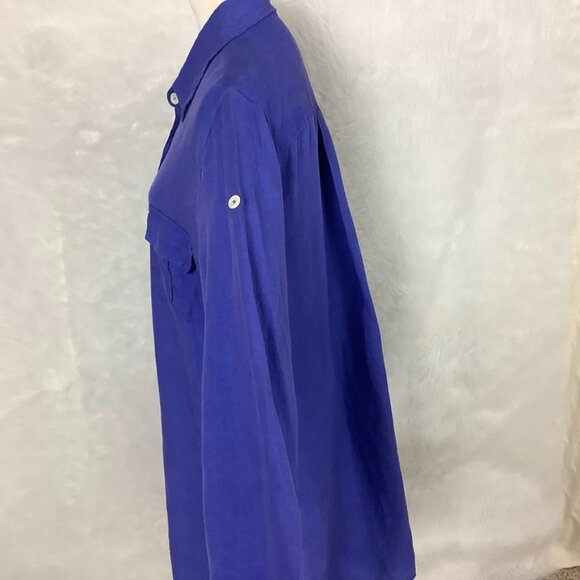 Haris Cotton Blue Long Sleeve Button Front 100% Linen Roll Tab Sleeve Dress L - Picture 3 of 8